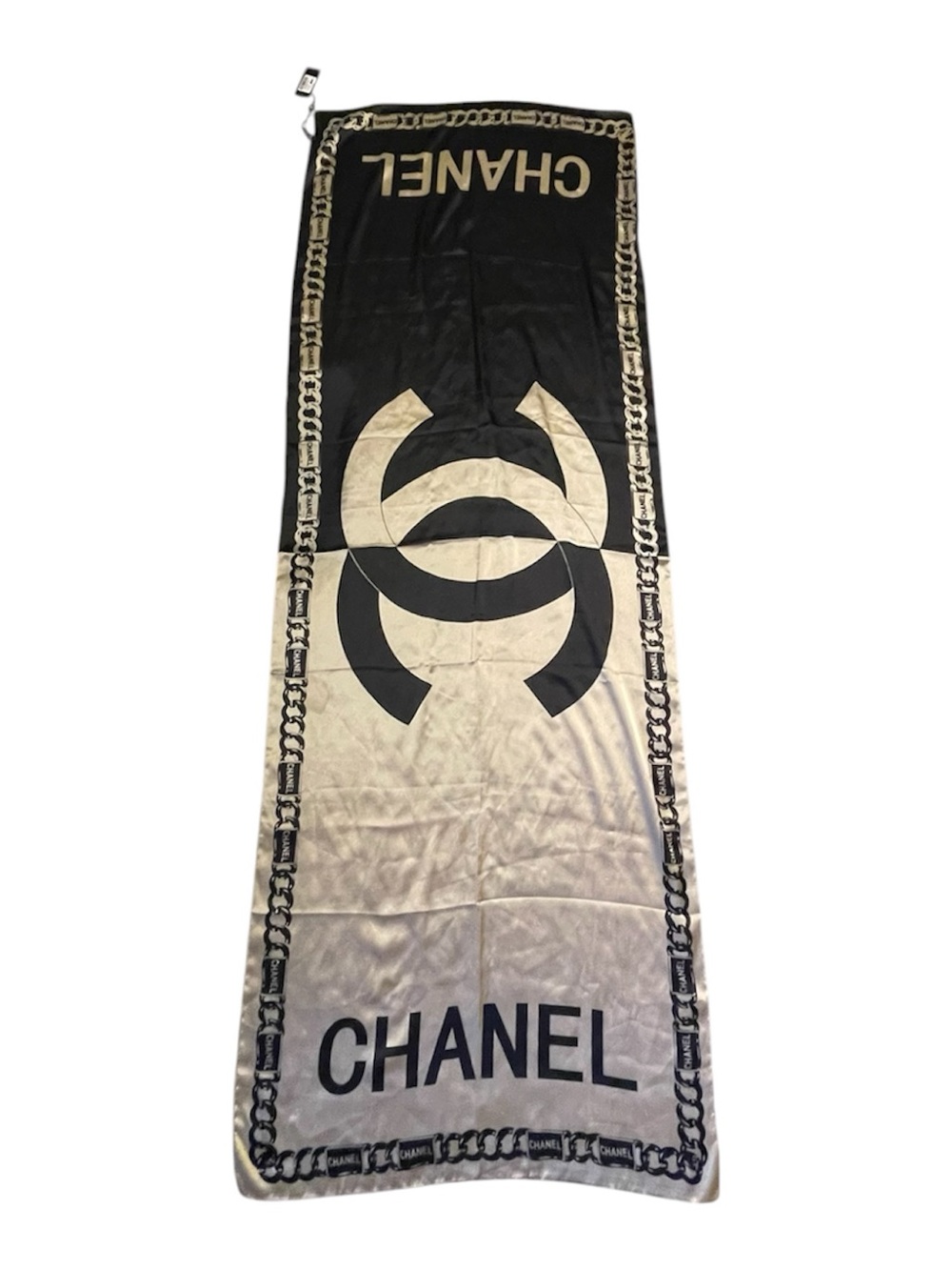 New Authentic CHANEL 100% Silk Scarf Black And Gold Logo With Tag Rare - Picture 1 of 7